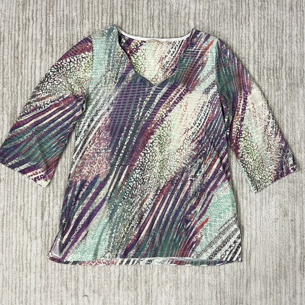 Soft Surroundings Rainbow Pastel Tie Dye Striped V-Neck Textured Top Size Medium